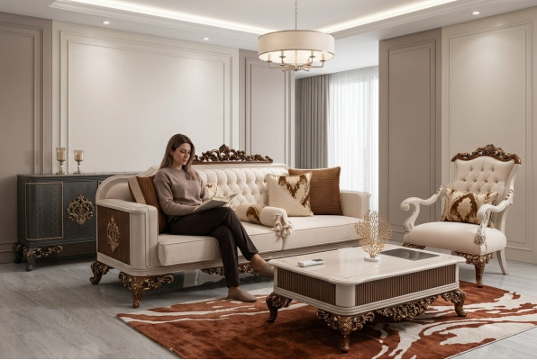 Dreiplazegen Chesterfield Barock Canapé Miwwel Sofa Cocuchen Stoff Gold