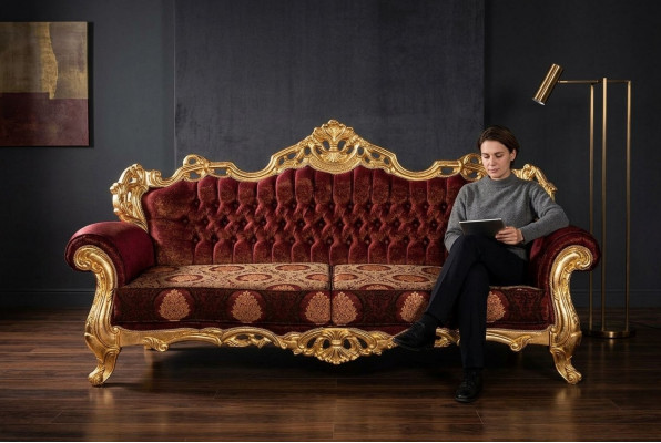 Luxus dräisëtzeger Canapé Polster Miwwelen Samt Barock Rout 3 Sëtz Sofa Nei
