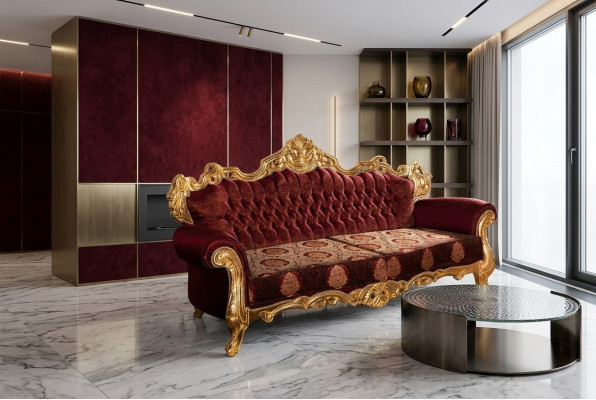 Luxus dräisëtzeger Canapé Polster Miwwelen Samt Barock Rout 3 Sëtz Sofa Nei