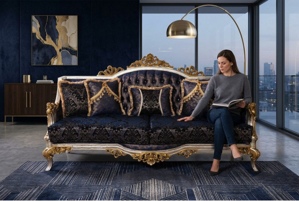 Samt Barock Dräisëtzer Couch Gëllene Kader Sofa Couche Miwwelen Nei