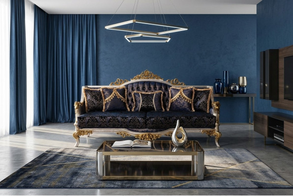 Samt Barock Dräisëtzer Couch Gëllene Kader Sofa Couche Miwwelen Nei