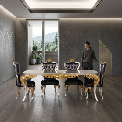 Exquisite Golden Iesszëmmer Set Iessdësch mat x4 Chesterfield Still Luxus Miwwelen