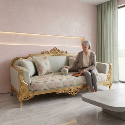 Klassesche dräisëtzeger Canapé Barock Beige 3er Sofa Canapéën Miwwelen Sofas