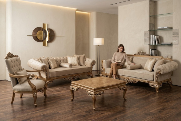 Designer Sofa, hellen Stoffiwwerzuch, 3-Sëtzer + Dësch neit Modell fir Wunnzëmmer