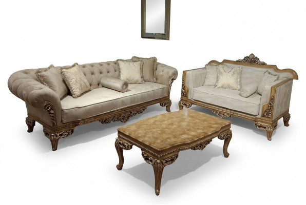 Designer Sofa, hellen Stoffiwwerzuch, 3-Sëtzer + Dësch neit Modell fir Wunnzëmmer