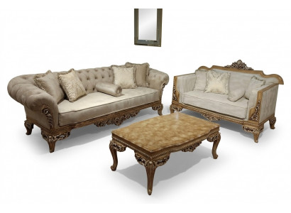 Designer Sofa, hellen Stoffiwwerzuch, 3-Sëtzer + Dësch neit Modell fir Wunnzëmmer