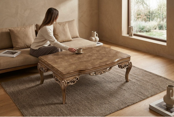 Fir Wunnzëmmer Art Deco Couchdësch aus Holz hell Faarf geschnëtzte Been Nei
