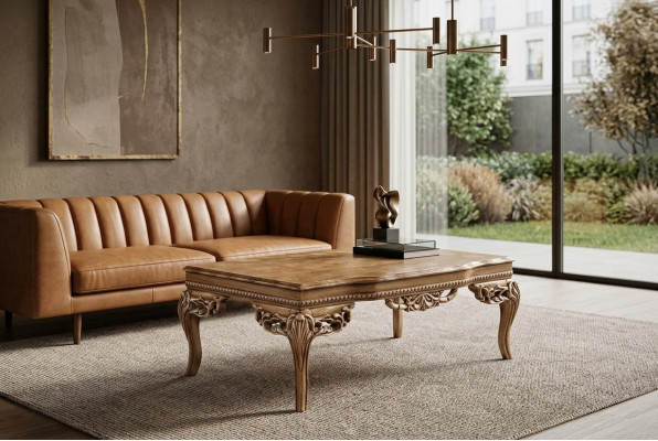 Fir Wunnzëmmer Art Deco Couchdësch aus Holz hell Faarf geschnëtzte Been Nei