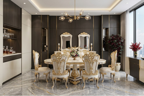 Luxus Canapé Miwwel Iessdësch Barock Iessensemble Grupp Dësch + 6x Stull