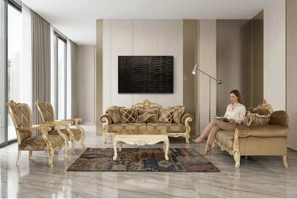 Exklusiv Sofagarnitur a beige Faarf am Barock-Rokoko-Stil 3 + 3 + 1 + 1 + Kaffeisdësch