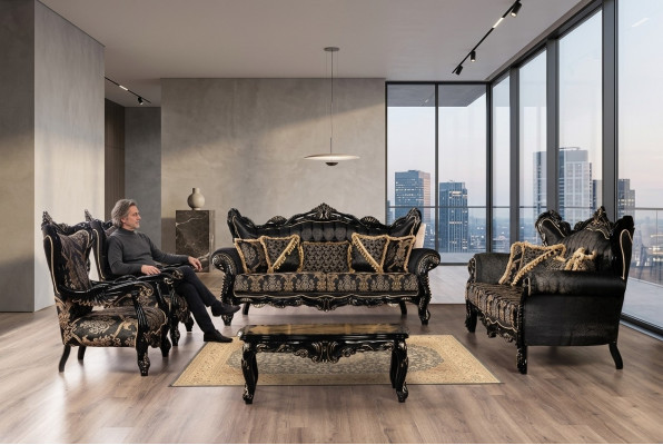 Schwaarz Barock Miwwelen Sofasëtztgrupp Sofa Couch Polster Miwwelen Dësch 5 Deeler