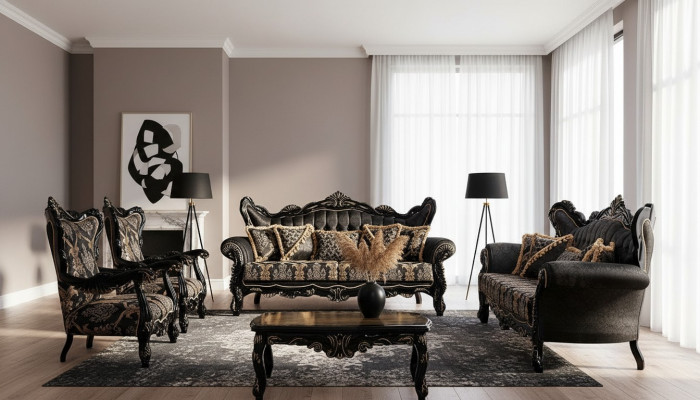 Schwaarz Barock Miwwelen Sofasëtztgrupp Sofa Couch Polster Miwwelen Dësch 5 Deeler