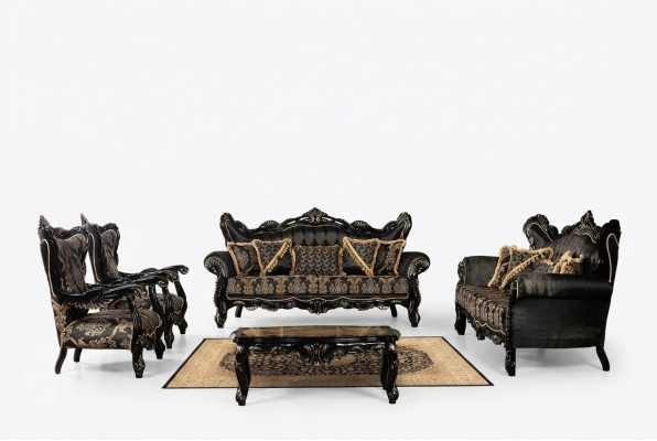 Schwaarz Barock Miwwelen Sofasëtztgrupp Sofa Couch Polster Miwwelen Dësch 5 Deeler