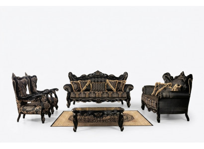 Schwaarz Barock Miwwelen Sofasëtztgrupp Sofa Couch Polster Miwwelen Dësch 5 Deeler