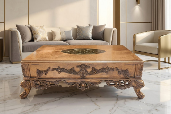 Barock-Couchtisch, gëllfaarweg, geschnëtzt Been, Dësch, Holz, Wunnzëmmer