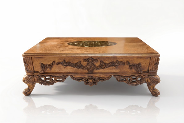 Barock-Couchtisch, gëllfaarweg, geschnëtzt Been, Dësch, Holz, Wunnzëmmer