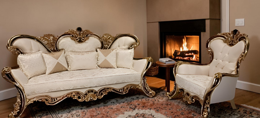 Polsterset Chesterfield 3+1 Sëtz + Couchtisch Holz Barock Rokoko