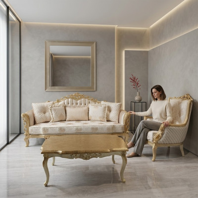 Canapéset Sofa 3+1 Plaz Sessel Dësch geschnëtzt Been Couchdësch 3tlg.