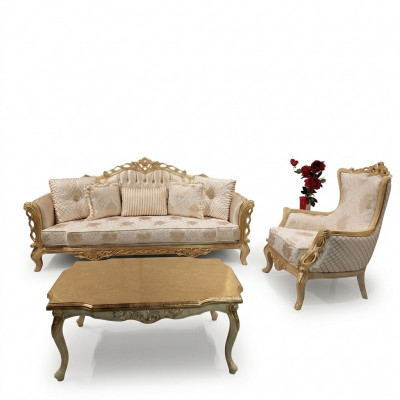 Canapéset Sofa 3+1 Plaz Sessel Dësch geschnëtzt Been Couchdësch 3tlg.