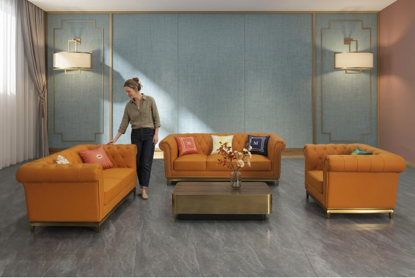 Chesterfield Wunnzëmmer Canapé Sofa Set Luxus Garnitur 3+2+1 Orange Nei
