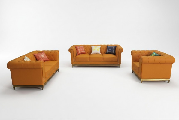 Chesterfield Wunnzëmmer Canapé Sofa Set Luxus Garnitur 3+2+1 Orange Nei