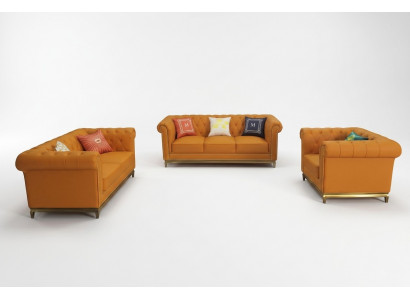 Chesterfield Wunnzëmmer Canapé Sofa Set Luxus Garnitur 3+2+1 Orange Nei