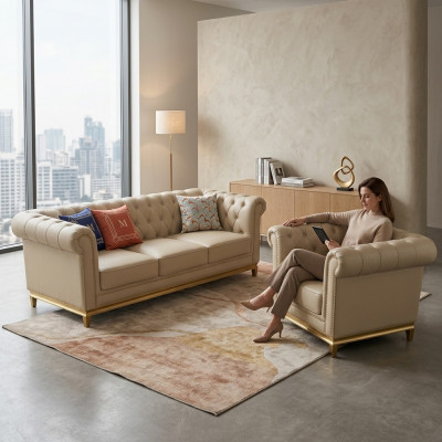 Luxus Canapé Beige Canapé-Set Canapéë Sesselen 3+1 Sëtz Stoff Design