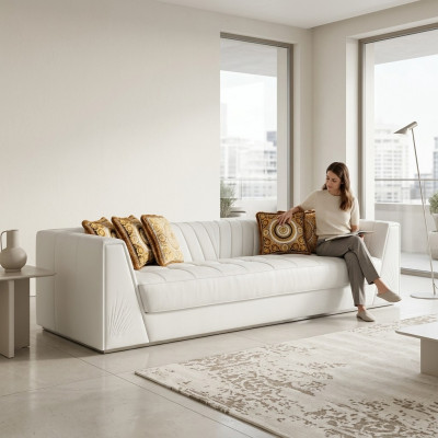 Wäiss Luxus Canapé Medusa mat gëllene Käpp Sofa Dräisëtzer Canapéen Lieder