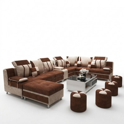 Sofa U-Form Braun Polsterstoff Fir Z'erhuelen am Wunnzëmmer Weich Këssen