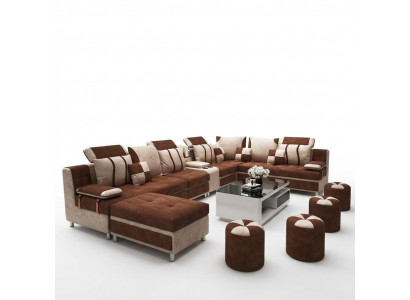 Sofa U-Form Braun Polsterstoff Fir Z'erhuelen am Wunnzëmmer Weich Këssen