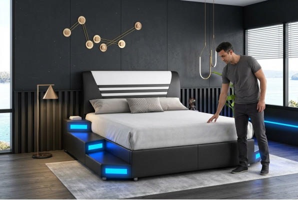 Luxus Liederbett mat Beliichtung aus Lieder, Schlofkummerbett 180x200 Miwwelen Better
