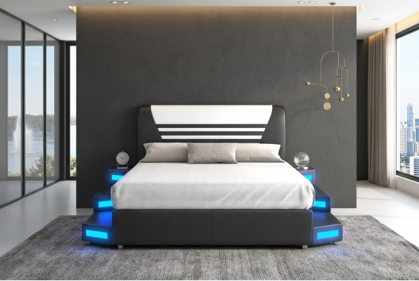 Luxus Liederbett mat Beliichtung aus Lieder, Schlofkummerbett 180x200 Miwwelen Better