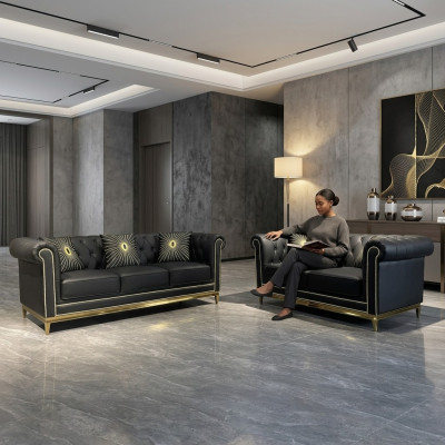 Schwaarz Chesterfield Wunnzëmmer Canapé Garnitur Luxus Set 3+2 Sëtzer 2dél.