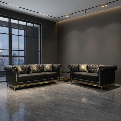 Schwaarz Chesterfield Wunnzëmmer Canapé Garnitur Luxus Set 3+2 Sëtzer 2dél.