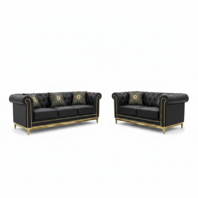 Schwaarz Chesterfield Wunnzëmmer Canapé Garnitur Luxus Set 3+2 Sëtzer 2dél.