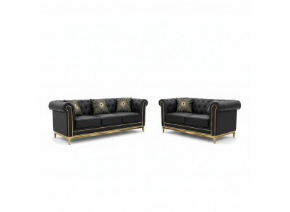 Schwaarz Chesterfield Wunnzëmmer Canapé Garnitur Luxus Set 3+2 Sëtzer 2dél.