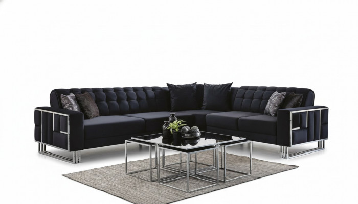 Luxus Ecksofa Textil Couchen Miwwelen Eckgarnitur Metall Elementer Canapé Sofa