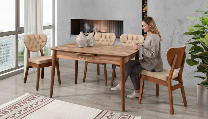 Beige Iesszëmmer Set Luxus Set 4x Still Chesterfield Nei