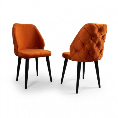 Gepolsterte Holzstull orange Chesterfield op schwaarze Been d'Iesszëmmer