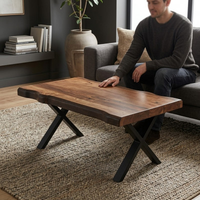 Holzcouchtisch op schwaarze Been fir Äert Wunnzëmmer Original Designmodell