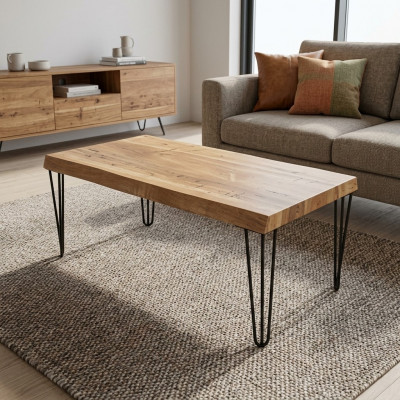 Holzcouchtisch op schwaarzen originelle Been fir Äert Wunnzëmmer Original