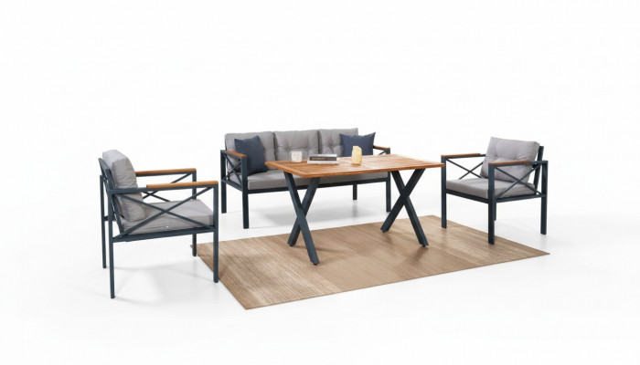 Modern Grau Gaardenmiwwel Set Sessel Hocker Dësch Veranda 4tlg. Set
