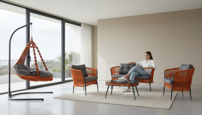 Orange Gaart Sëtzmiwwel Sofagarnitur Zweisëtzer Fauteuil Couchtisch Set