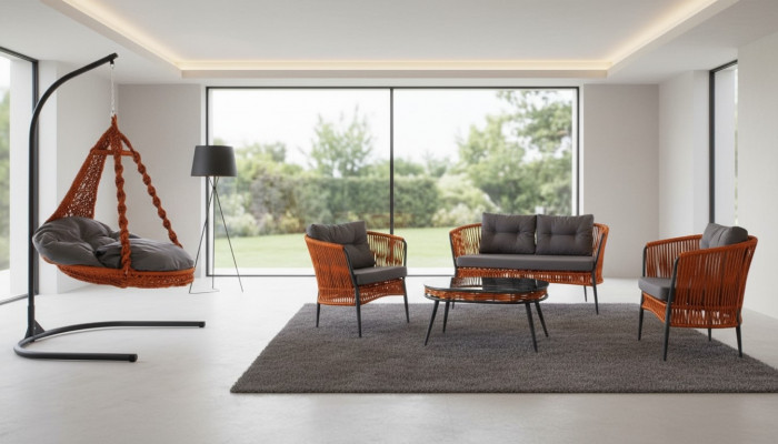 Orange Gaart Sëtzmiwwel Sofagarnitur Zweisëtzer Fauteuil Couchtisch Set