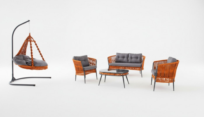 Orange Gaart Sëtzmiwwel Sofagarnitur Zweisëtzer Fauteuil Couchtisch Set