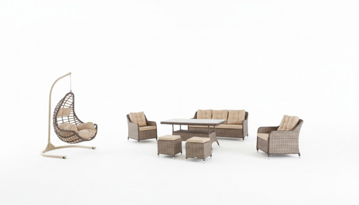 Modern Gaardmiwwelen Dësch Fotell Hocker Veranda Sofa Garnitur 6 Stécker. Nei