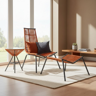 Modernt Set fir Äre Gaart Besteet aus Fauteuil, Hocker an Niewendësch.