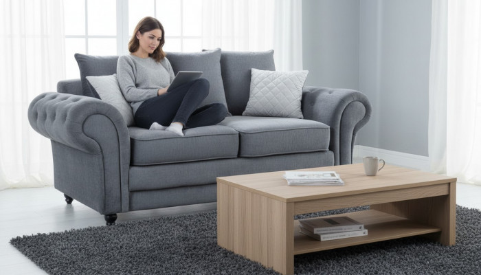 Grau Chesterfield Canapé Këssen Miwwelen Stoff Canapéen Sofae Zweesëtzer