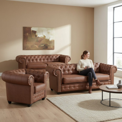 Sofa-Suite Chesterfield 3+2+1 Wunnzëmmer Miwwelen Canapé Suite Stoff Textil