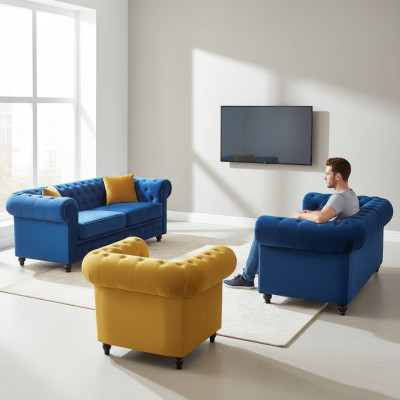 Chesterfield Canapé-Set Couch Miwwel Wunnzëmmer Ariichtung 3+2+1 Sëtzplaz